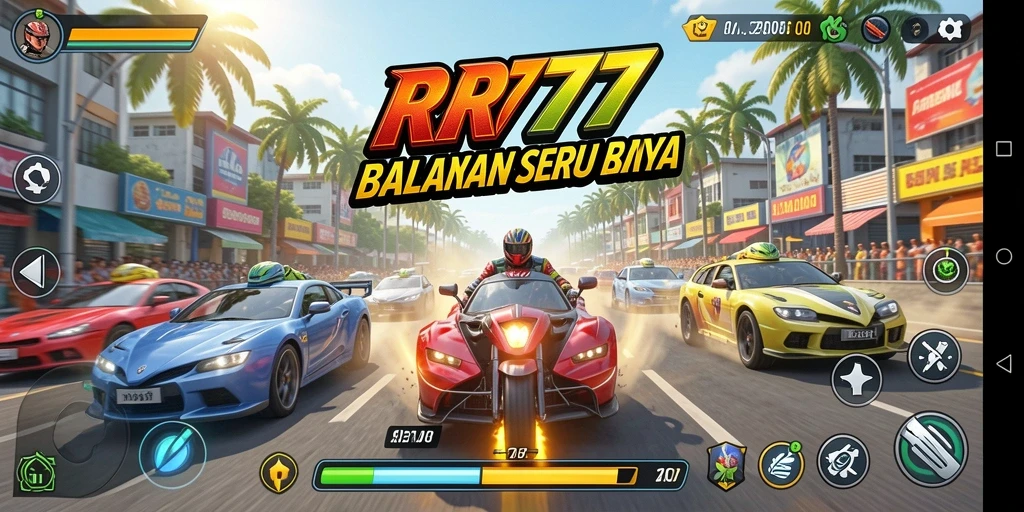 Screenshot gameplay RR777 yang menunjukkan aksi balapan seru.