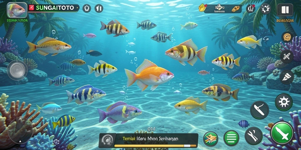 Tampilan gameplay SUNGAITOTO yang penuh warna dan seru saat menembak ikan.
