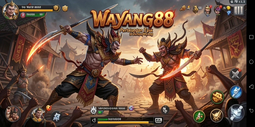 Gameplay seru dengan karakter wayang bertarung di arena.